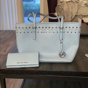 Michael Kors blue rhinestone small tote & wallet